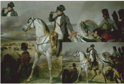 Description: Cũng ảnh Napoleon đó nhưng có ảnh chân dung ở góc trên bên trái và một ảnh nhỏ hơn ở dưới cùng bên phải